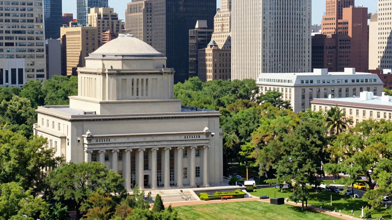 Columbia University campus with green spaces and modern buildings.