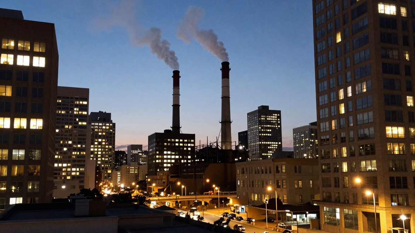 Cityscape with buildings and smokestacks at dusk.