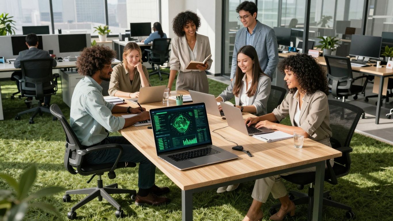 Business professionals collaborating on sustainability reporting.