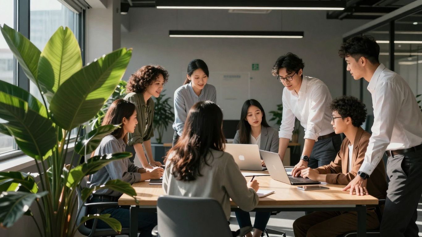 Professionals collaborating on sustainability reporting in a modern office.
