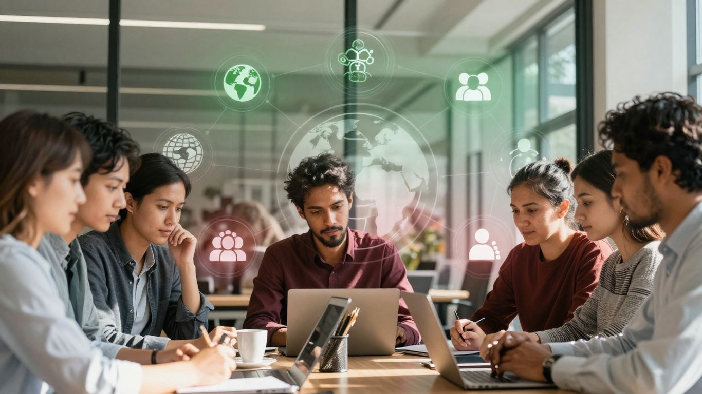 Business professionals discussing ESG risks in a modern office.