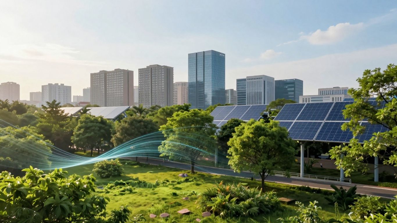 Green cityscape with data streams, symbolizing sustainability.