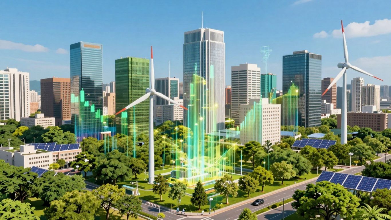 Green cityscape with data streams and nature elements.