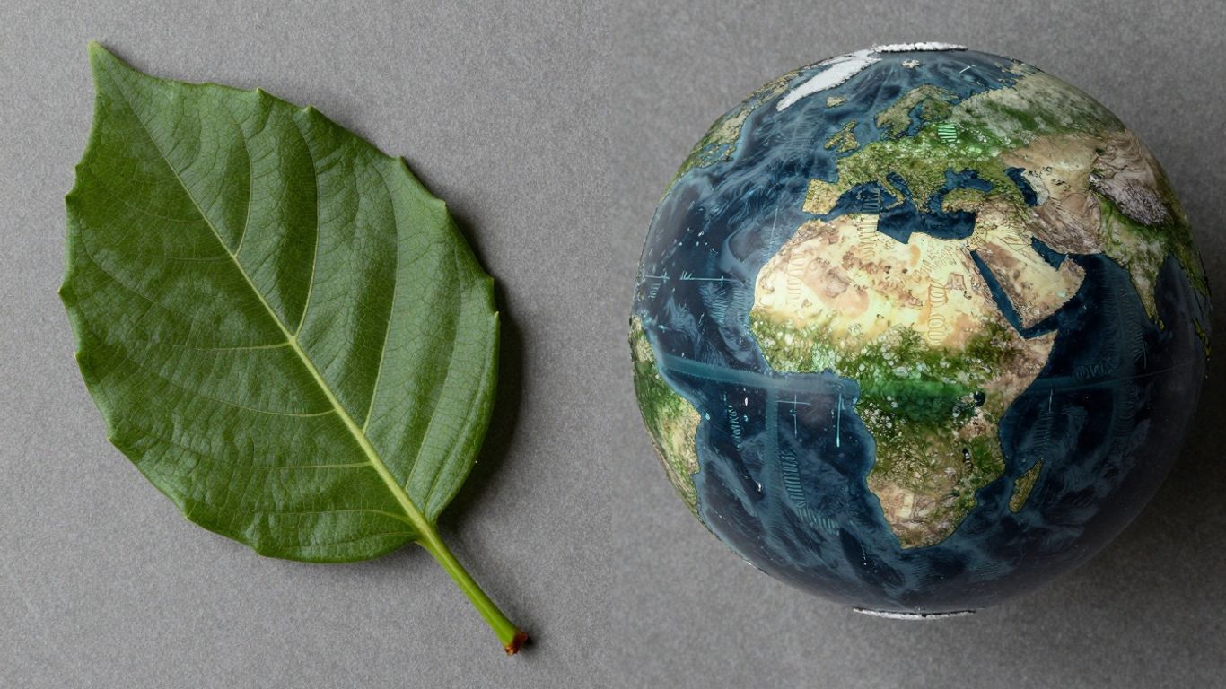 Green leaf and carbon footprint globe side-by-side.