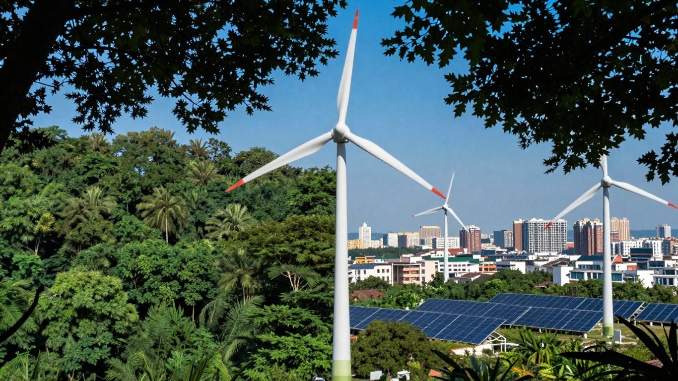 Green forest and clean energy cityscape side-by-side.