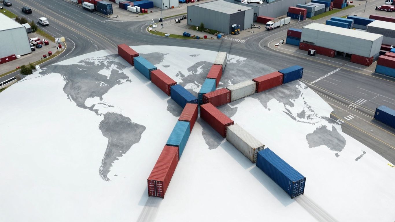 Global supply chain logistics with containers and warehouses.