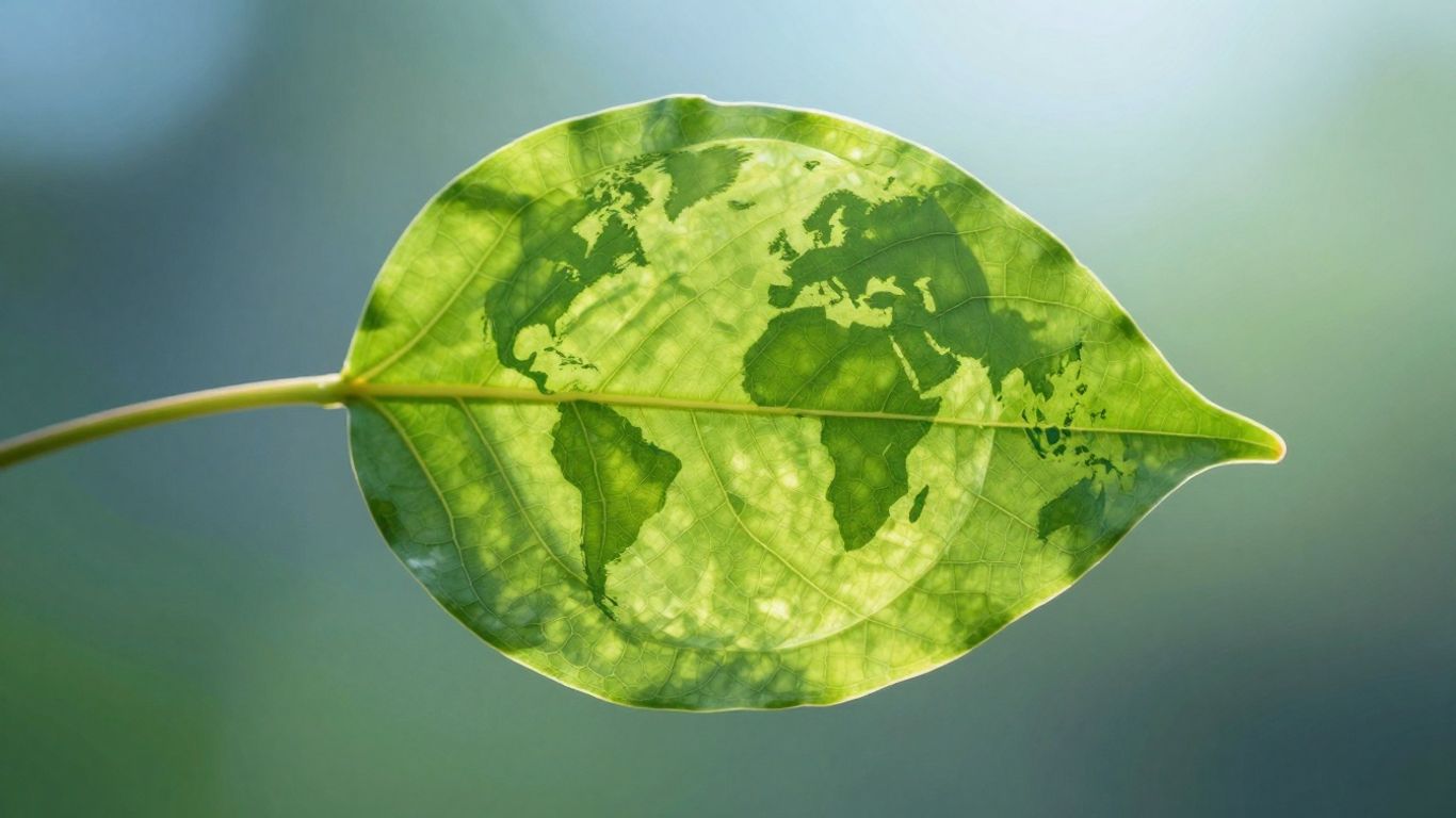 Green leaf with globe pattern, sunlight, nature background.