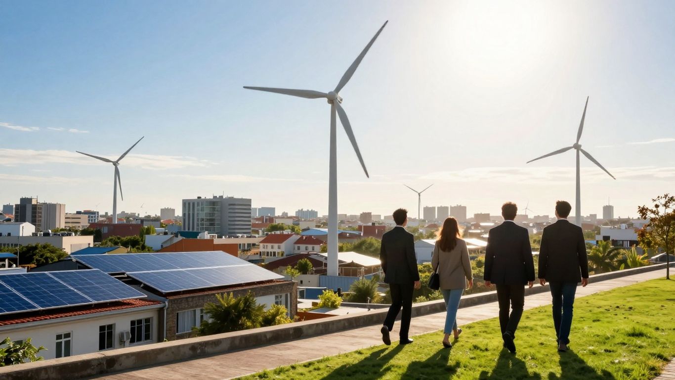 Diverse professionals in a green, futuristic city with renewable energy.