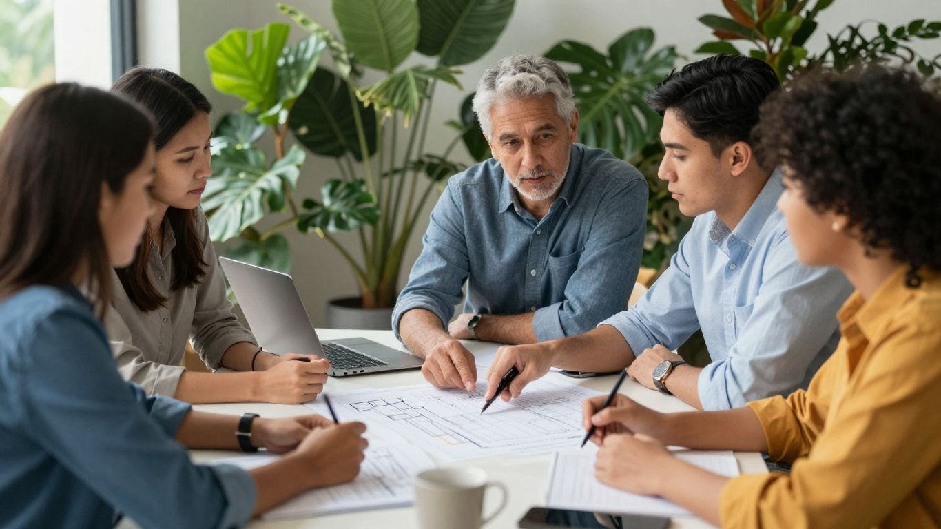 Professionals discussing sustainability in a bright, green office.