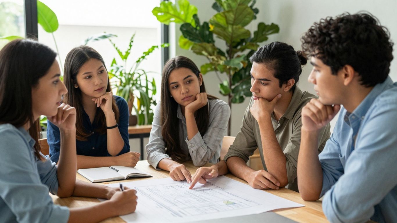 Professionals collaborating on sustainability in a bright, green office.