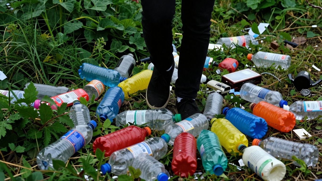 Person navigating a field of environmental waste.