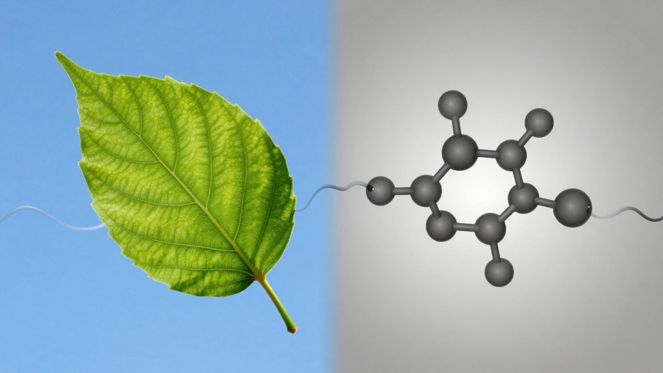 Green leaf and dissolving carbon atoms side-by-side.