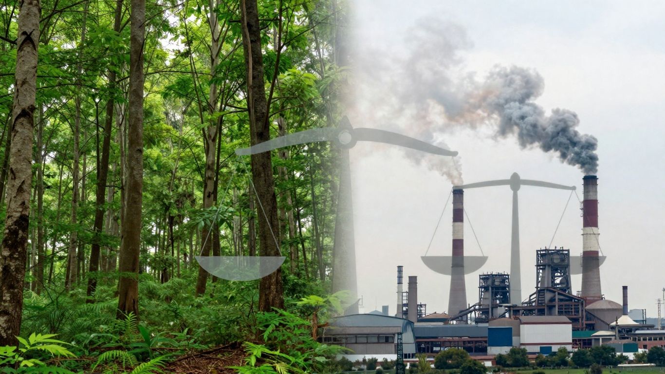 Green forest versus smoky factory, balance scale.