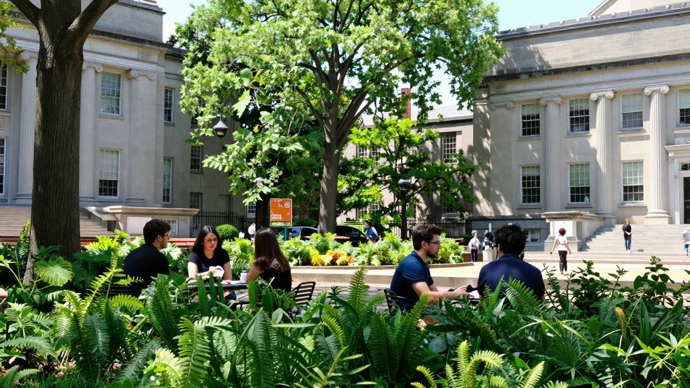 Columbia University campus with students and buildings.