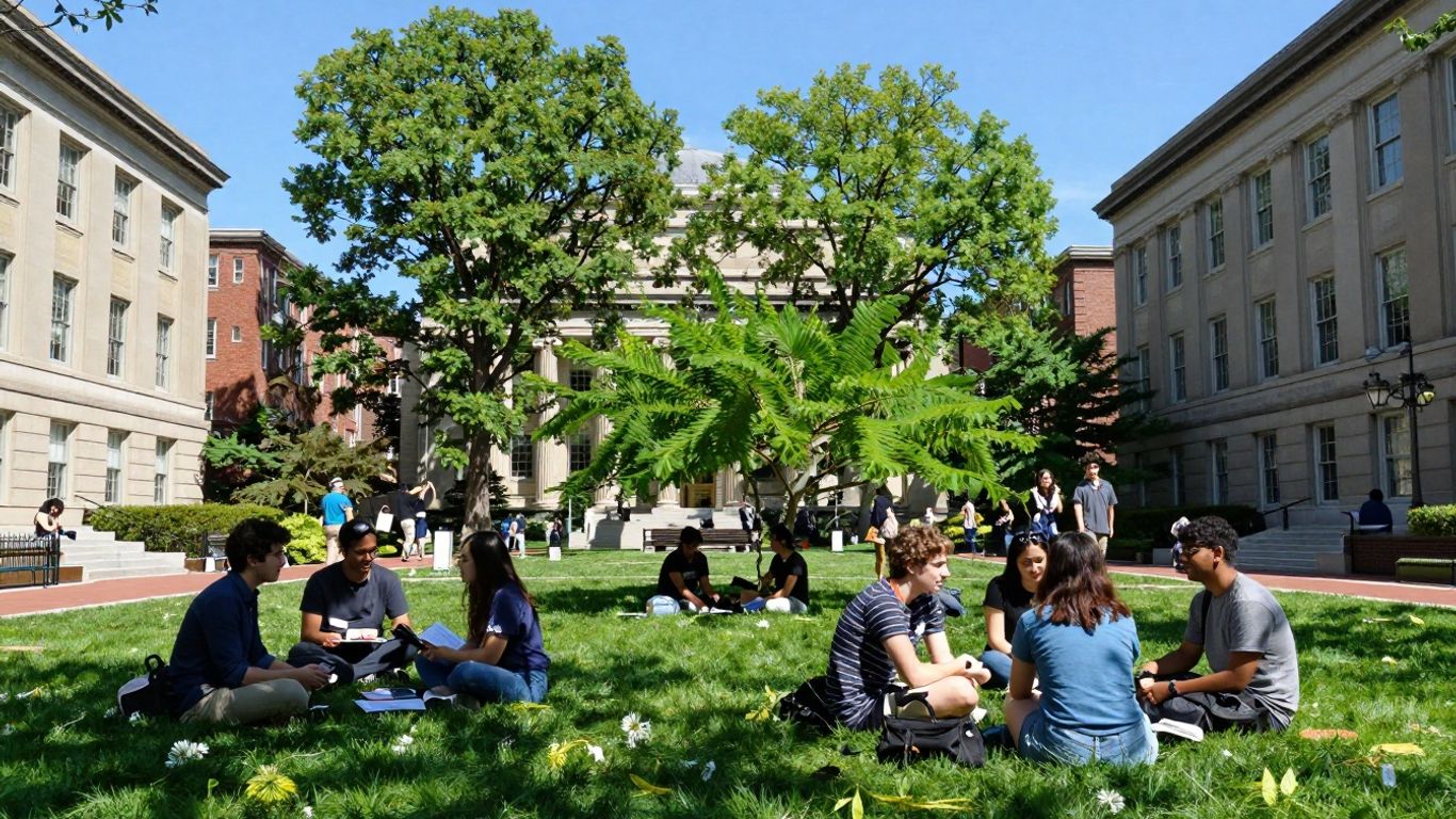 Columbia University campus with students and academic buildings.
