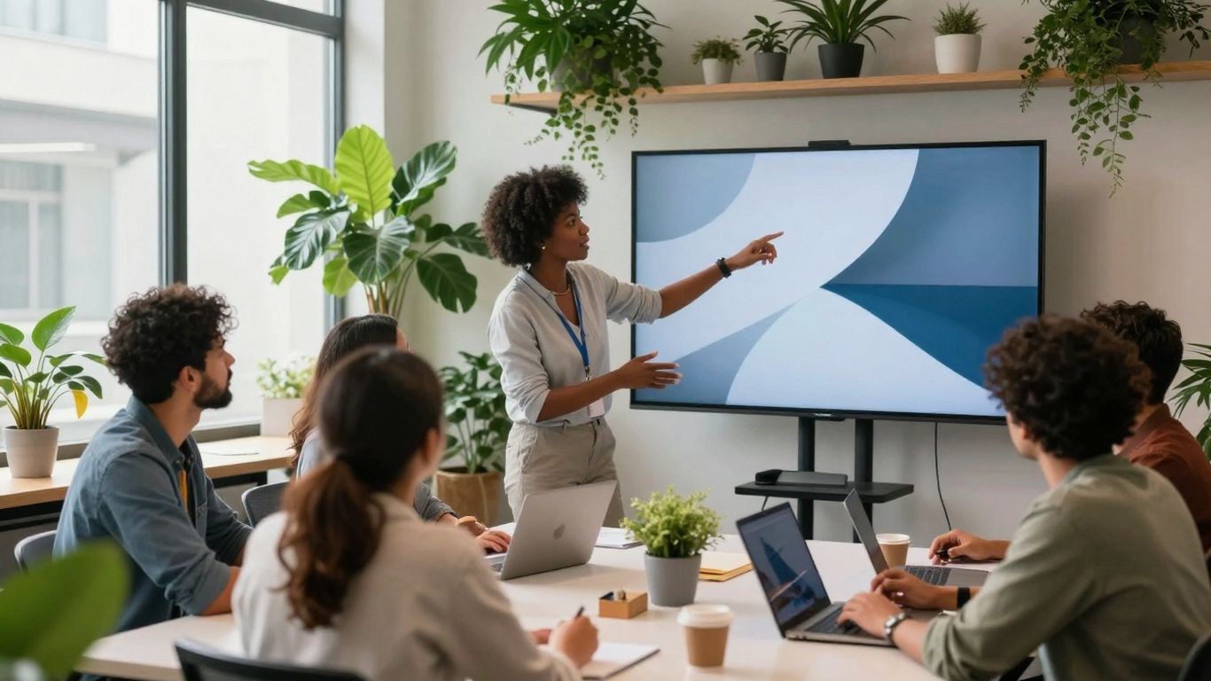 Team collaborating in a bright, modern office with plants.