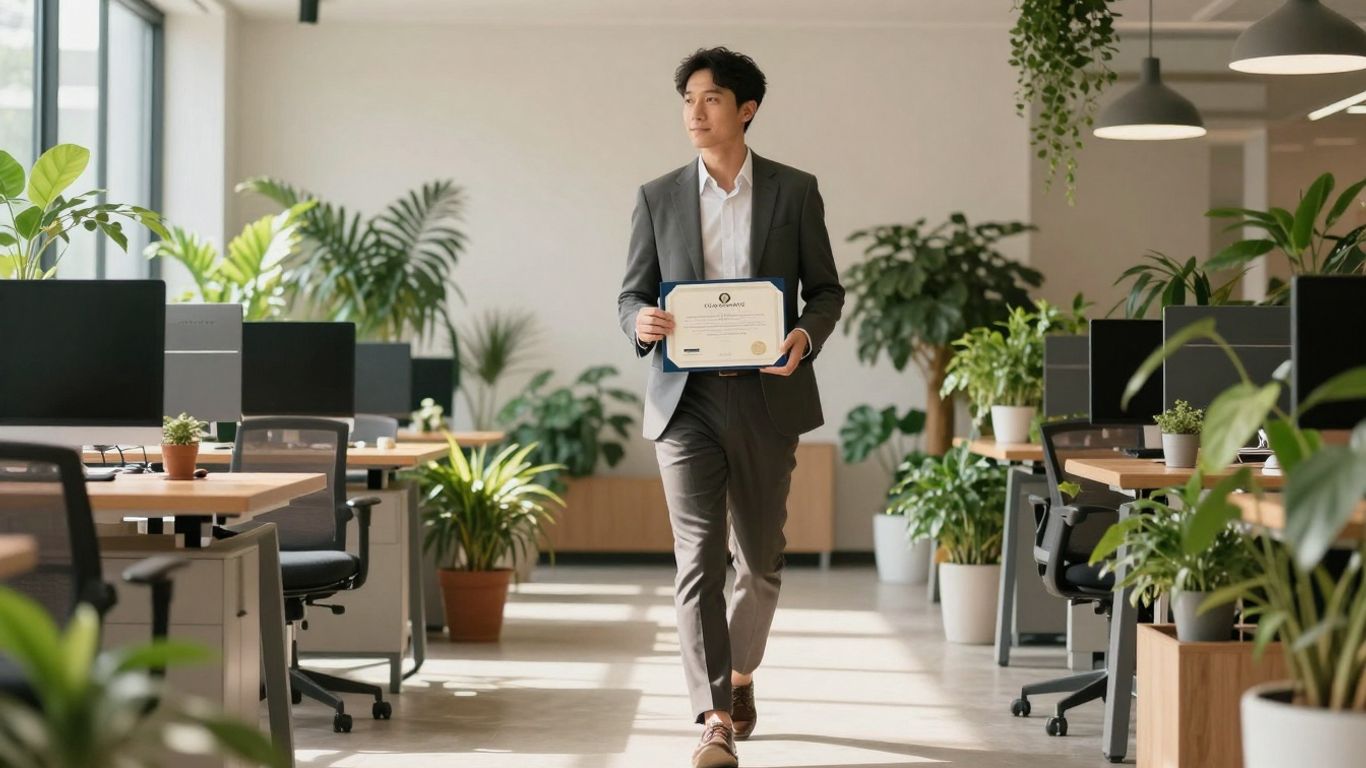 Professional holding ESG certification in a modern office.