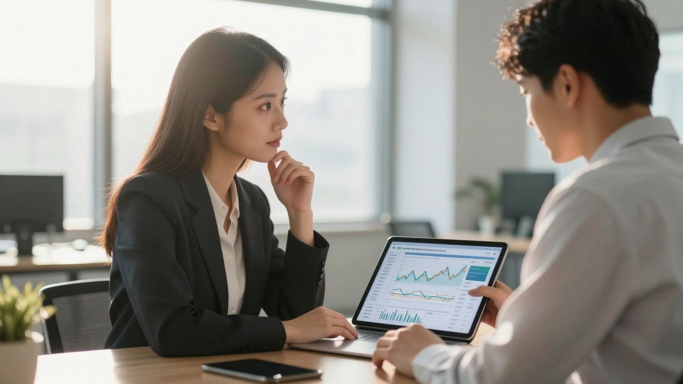 Professional reviewing financial data on a tablet in an office.