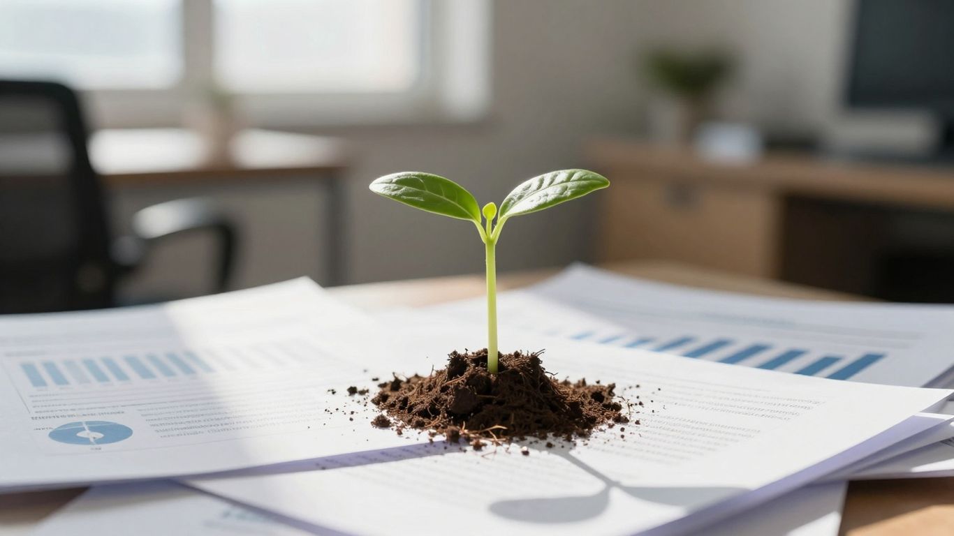 Green seedling growing from business papers.