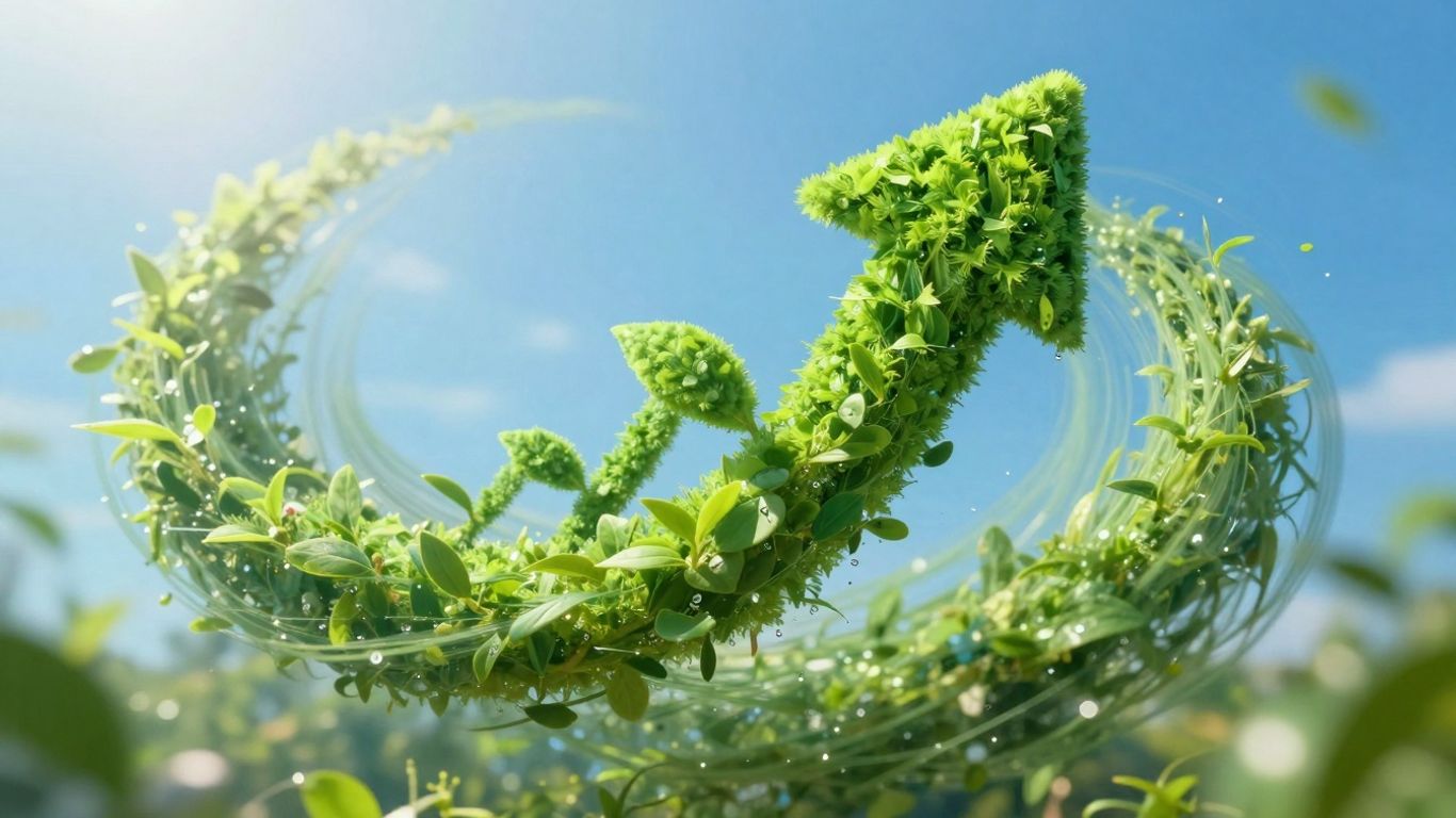 Abstract swirling green and blue with sunlight, indicating future growth.