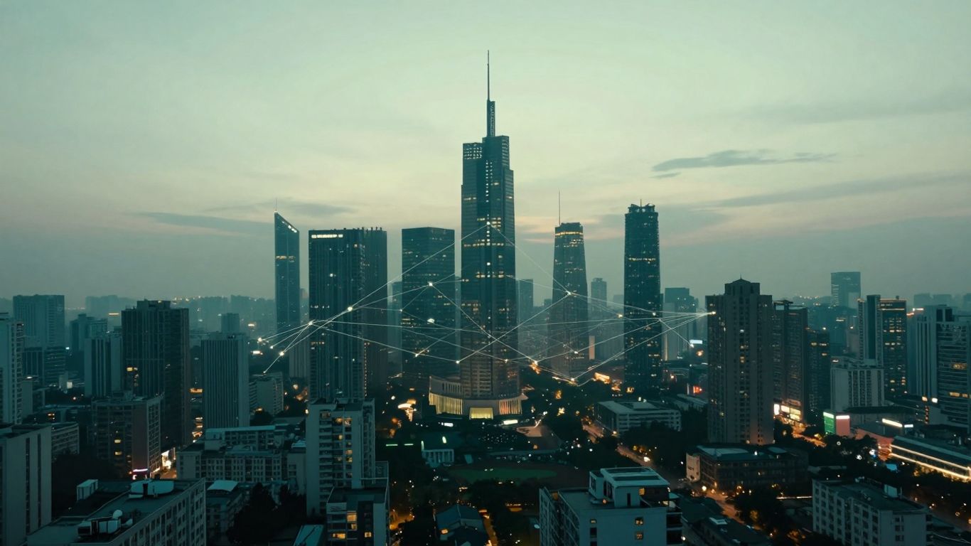 Futuristic cityscape with glowing connections and green hues.