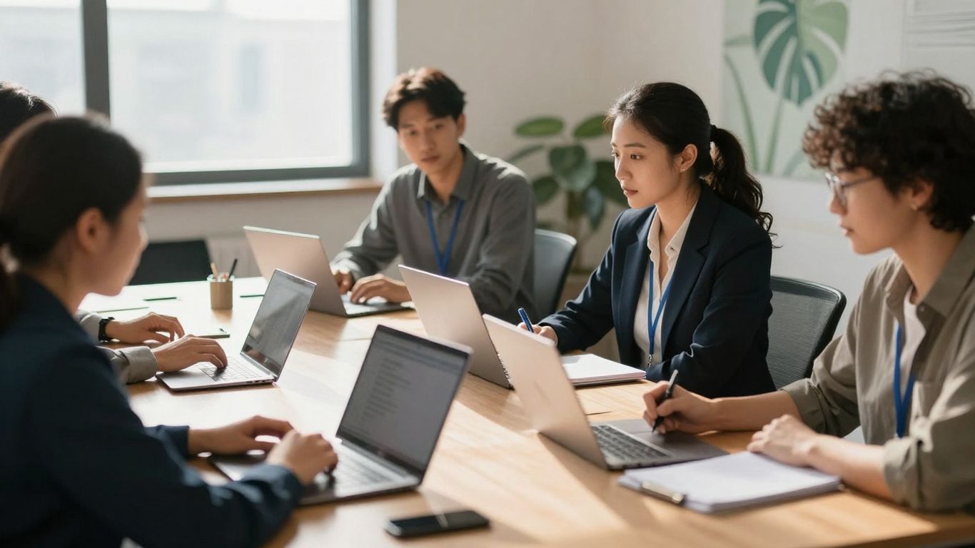 Business professionals in a training session with green leaf motif.