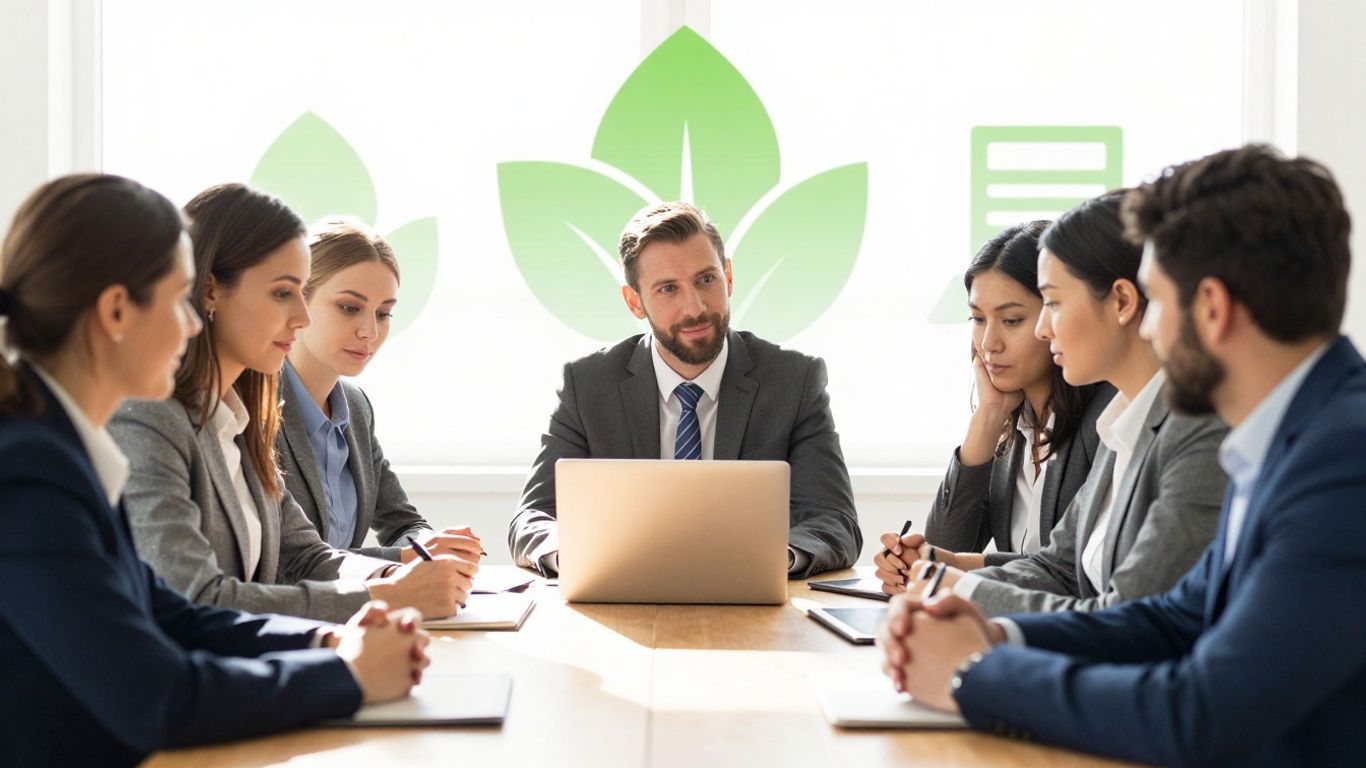 Business professionals collaborating on sustainability initiatives.