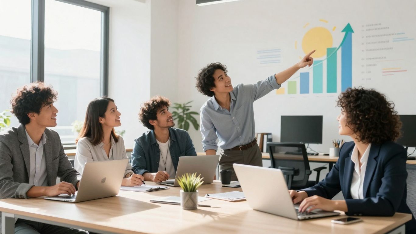 Business professionals collaborating in a bright, modern office.