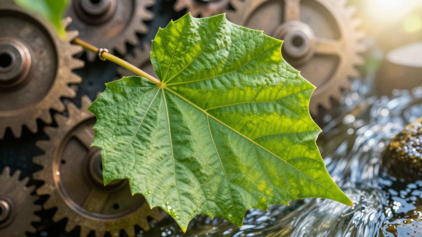 Green leaf with gears and water, nature and industry blend.