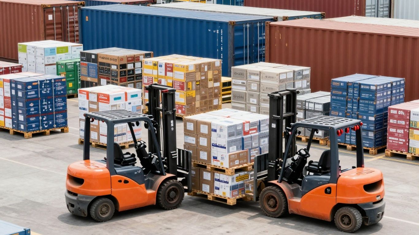 Logistics hub with forklifts and shipping containers.