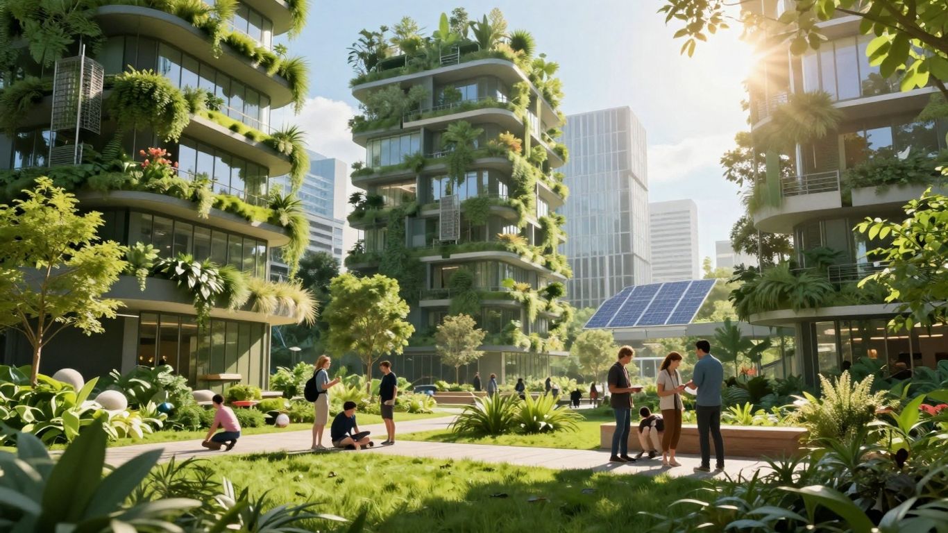 Sustainable cityscape with green buildings and thriving nature.