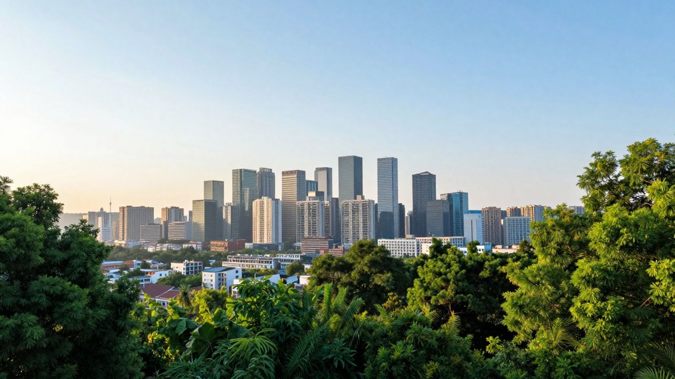Cityscape and nature merging under a bright sky.