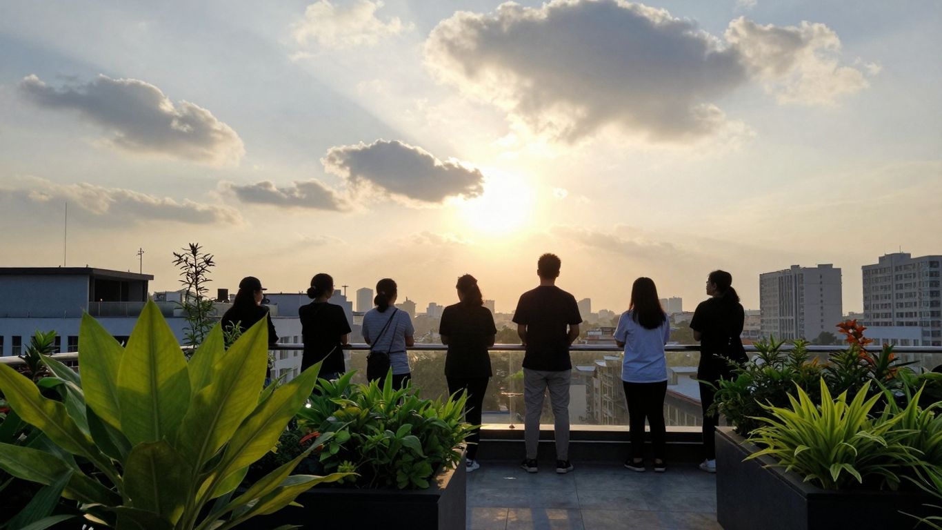 Cityscape with people looking towards a sustainable future.