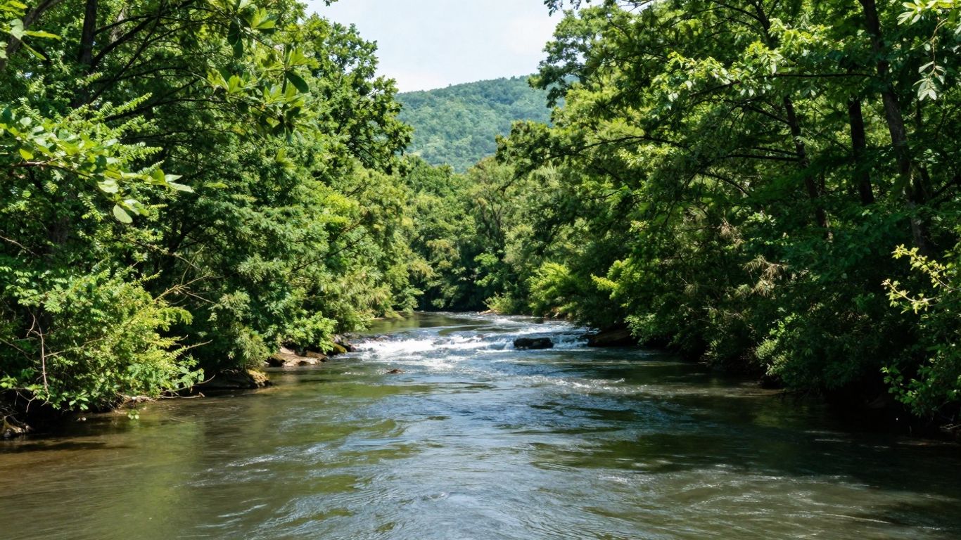 New York watershed with trees, river, and hills.
