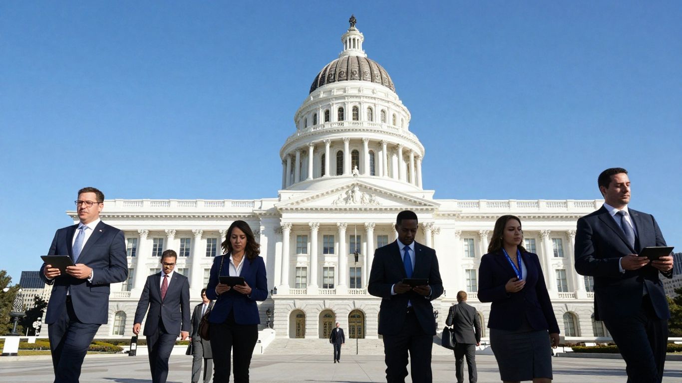 California capitol building with business professionals and skyscrapers.