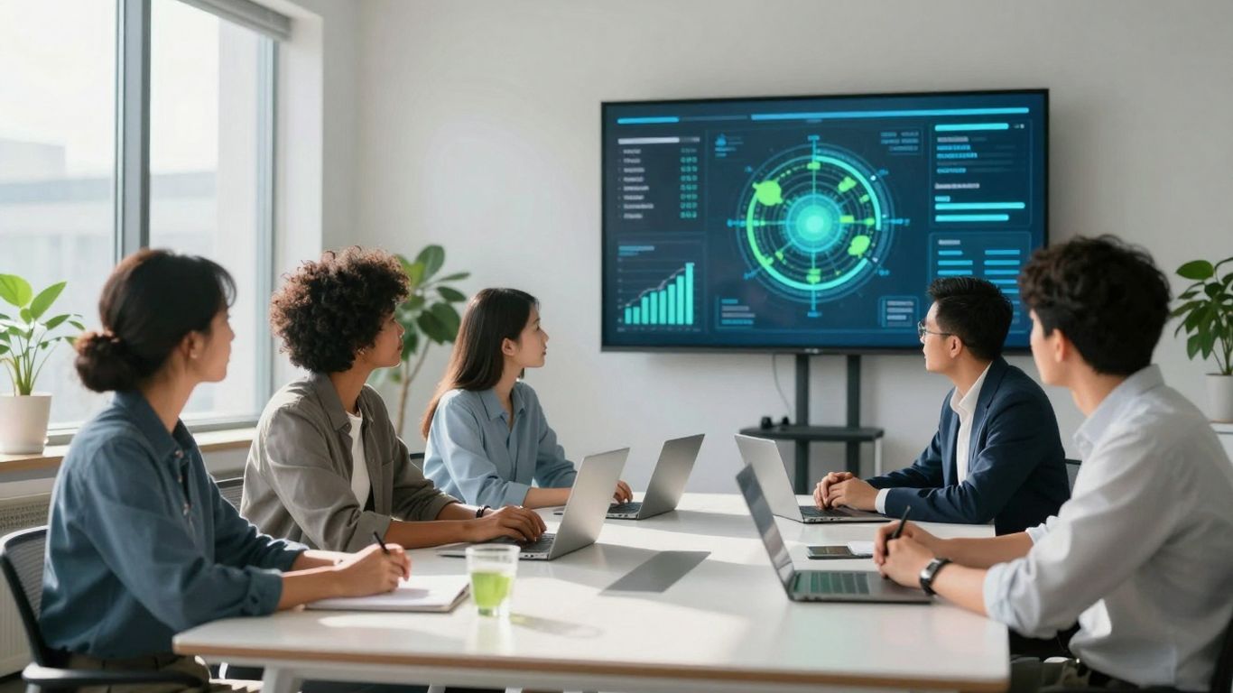 Business professionals reviewing environmental data on a digital interface.