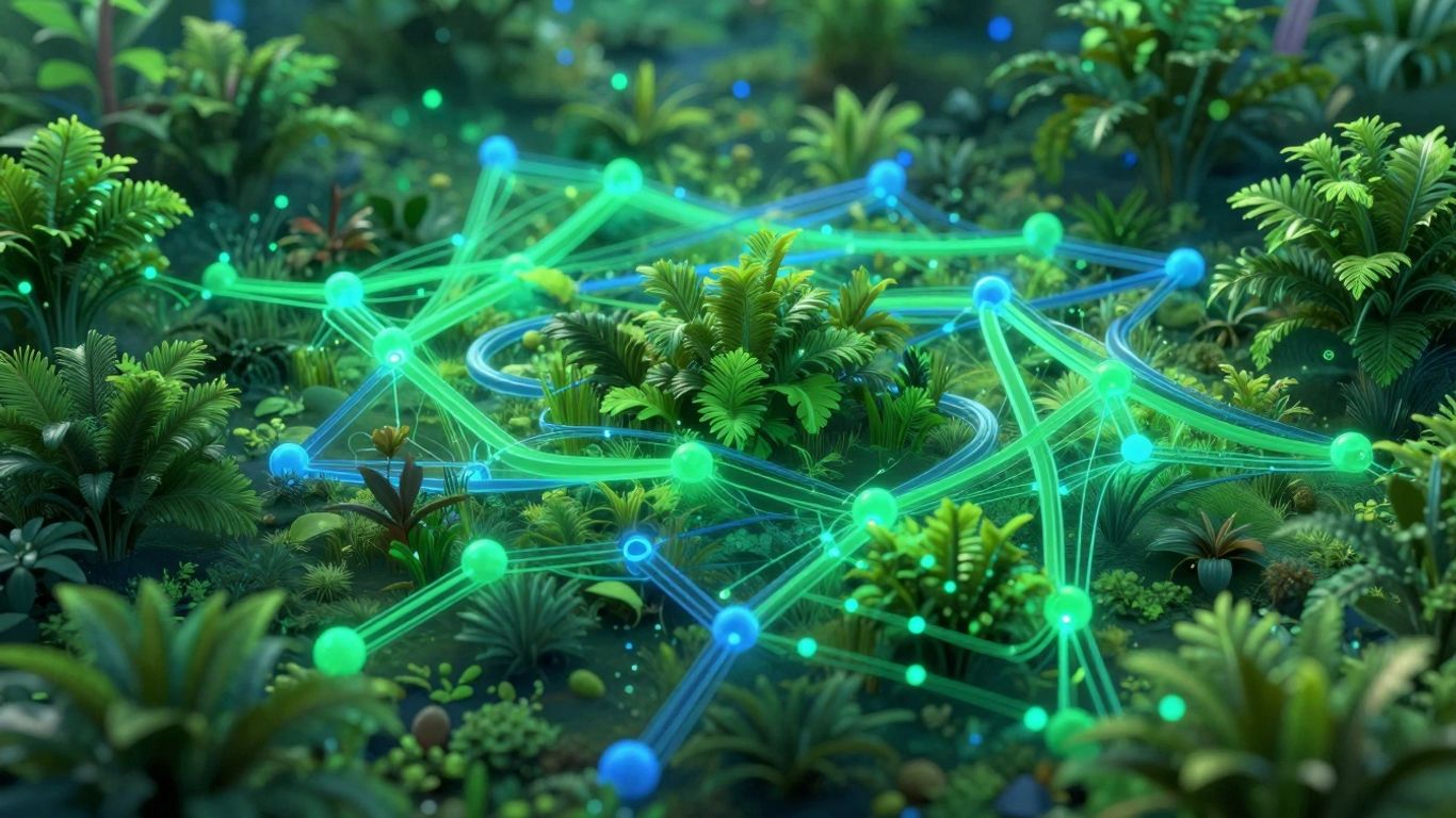 Abstract digital landscape with green and blue nodes and foliage.