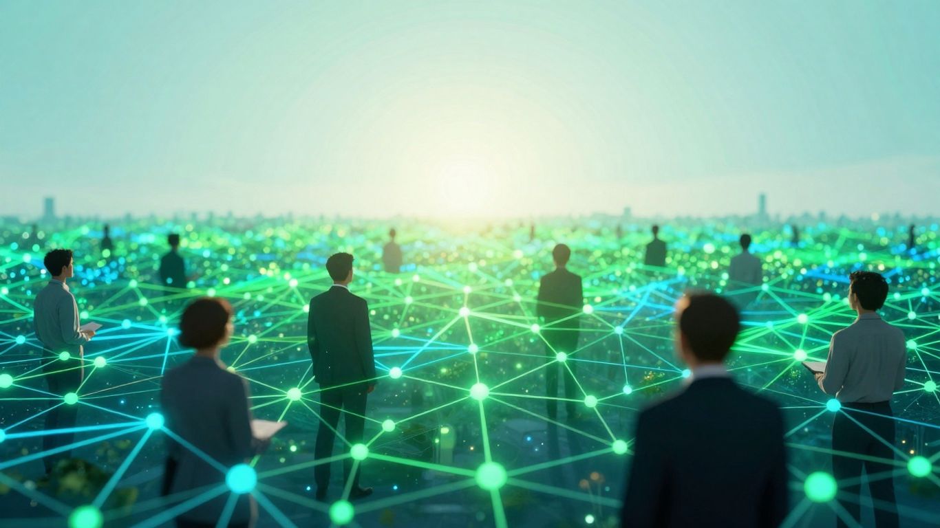 Abstract digital landscape with interconnected nodes and professional silhouettes.