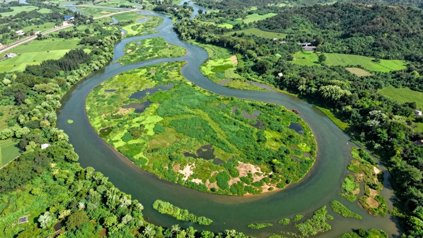 Aerial view of a green watershed with a river.