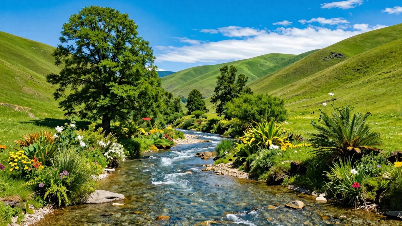 Healthy watershed with river, green hills, and trees.