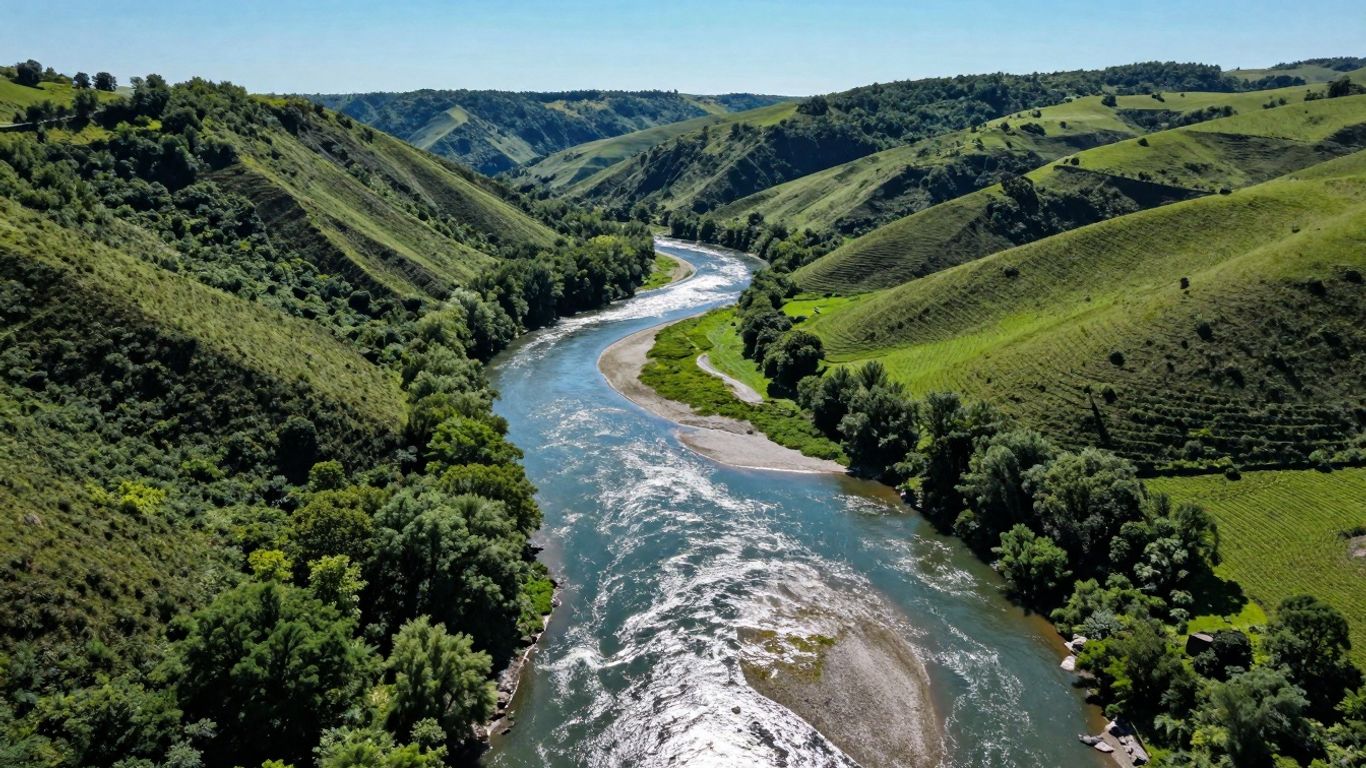 Aerial view of a river valley and watershed.