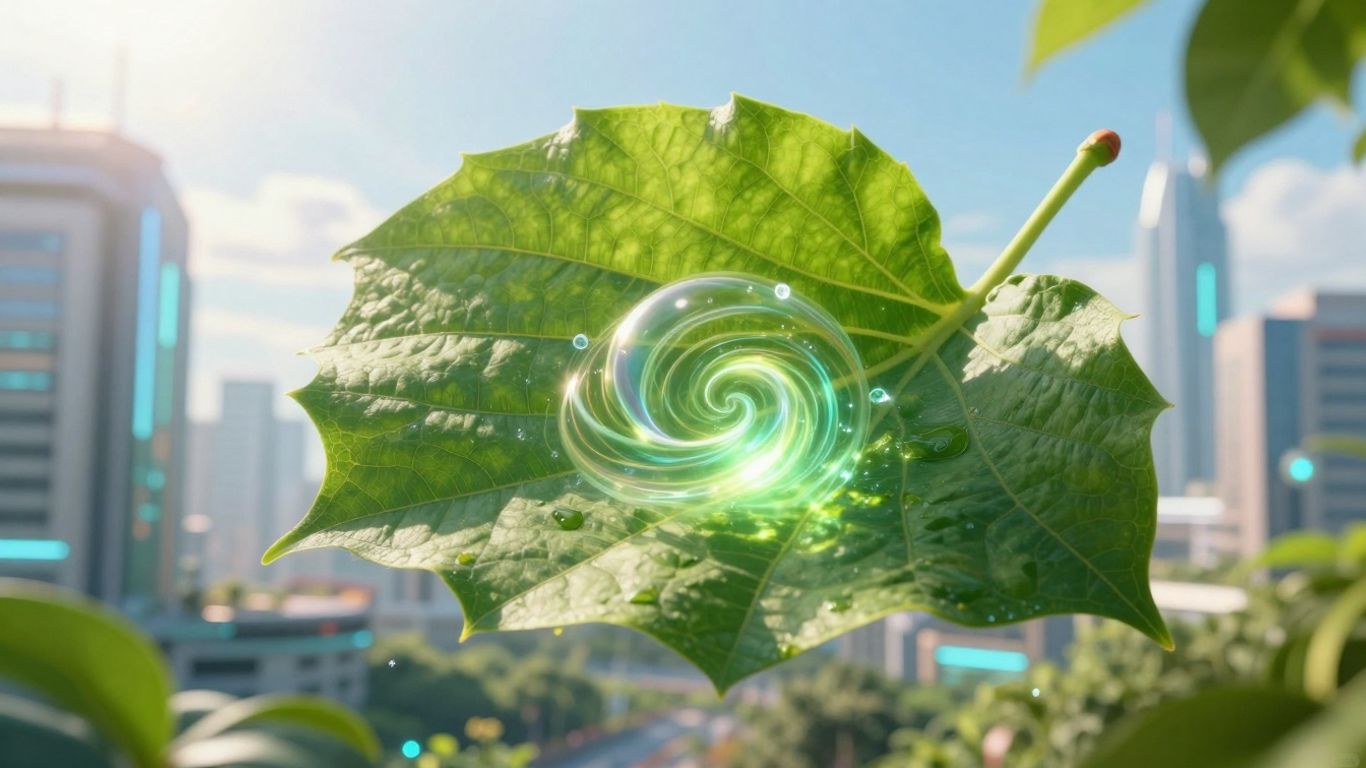 Green leaf with glowing gas and futuristic city.