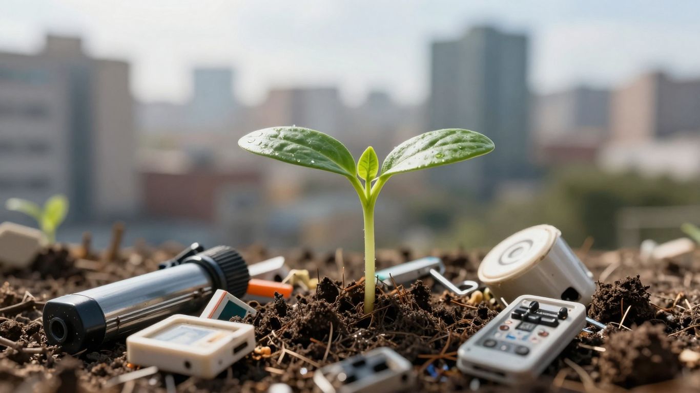 Green seedling growing from electronics with cityscape background.