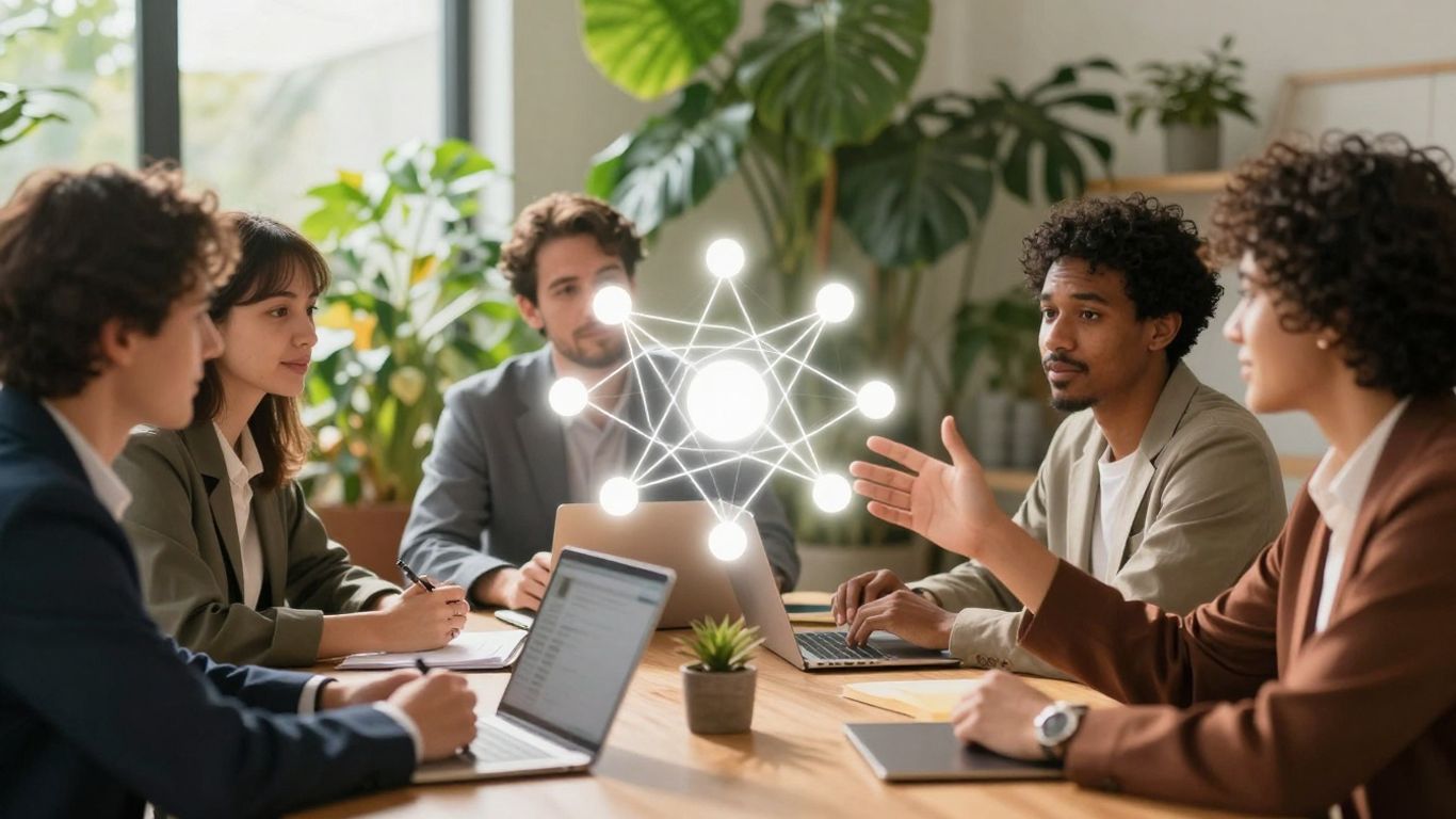 Professionals collaborating on sustainability leadership.