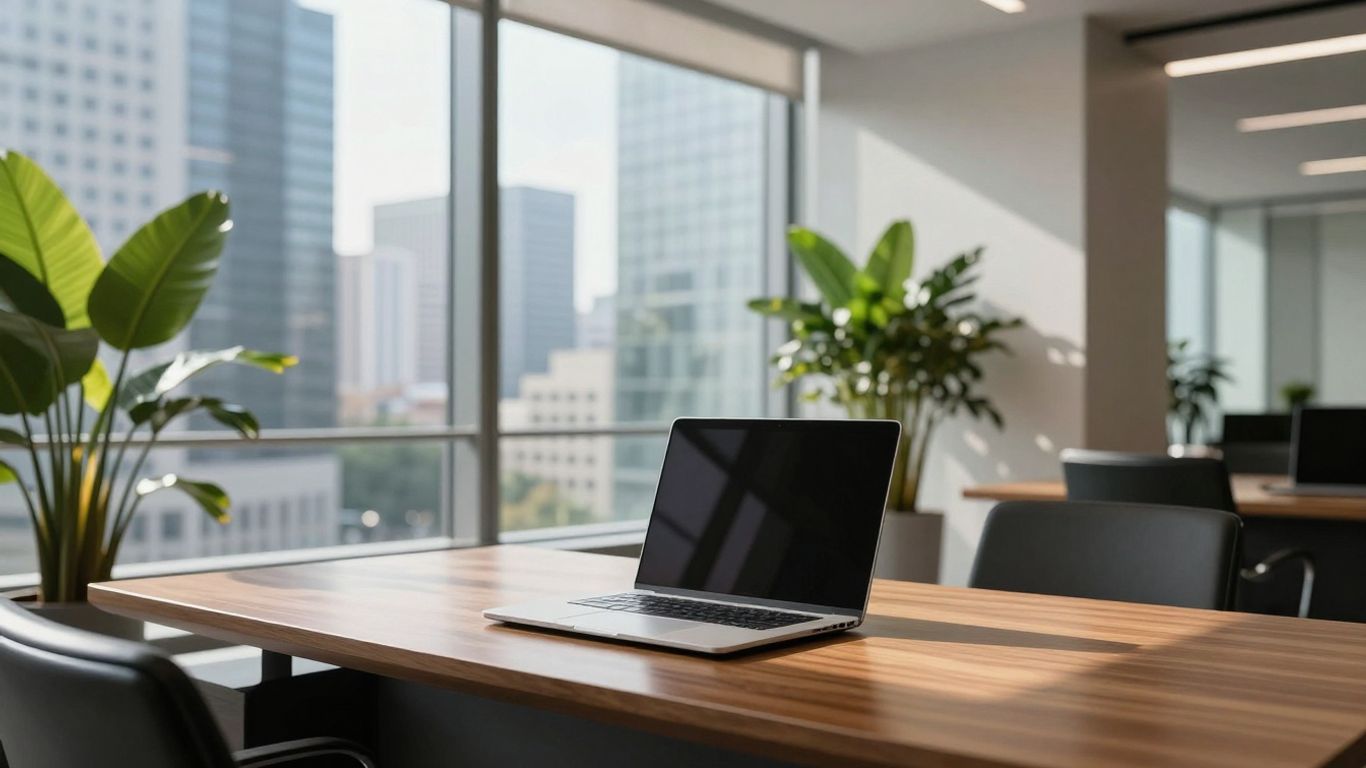 Modern office with city view and green plants.