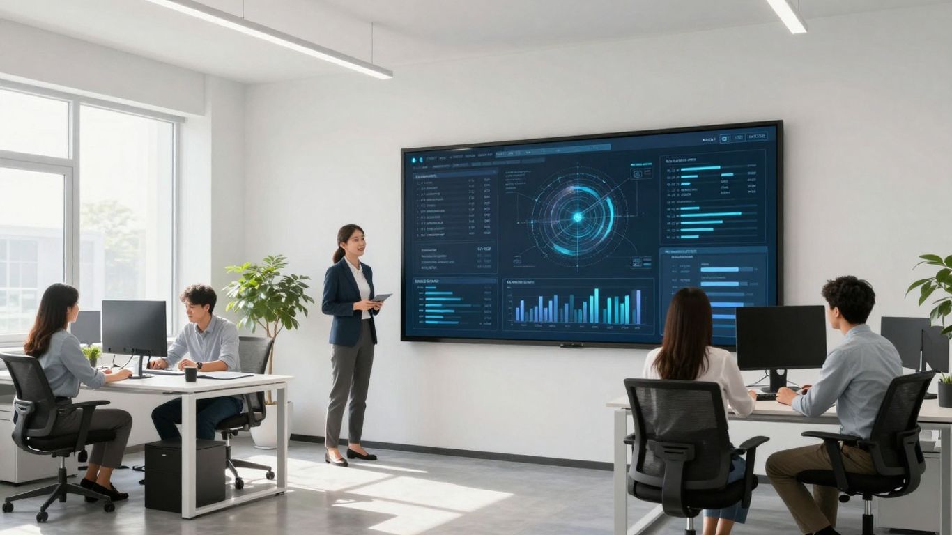Team reviewing sustainability data on a digital interface.