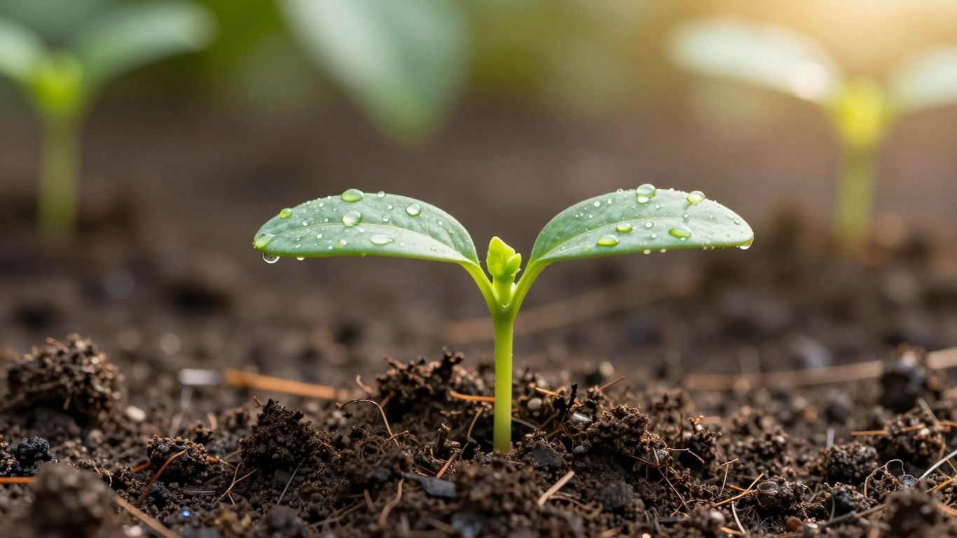 Green seedling growing from soil, symbolizing environmental renewal.
