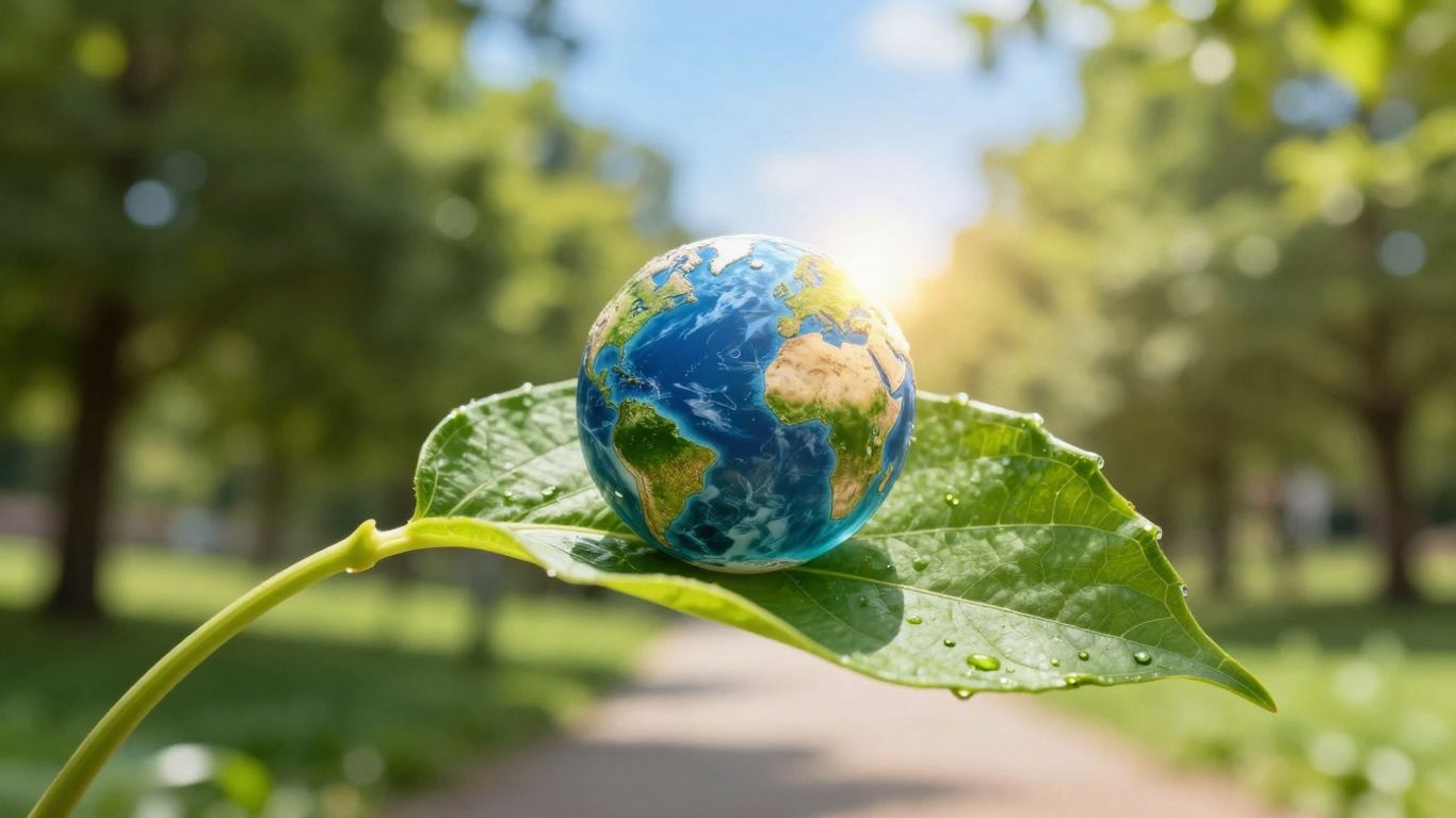 Green leaf holding a glowing Earth with sunlight.