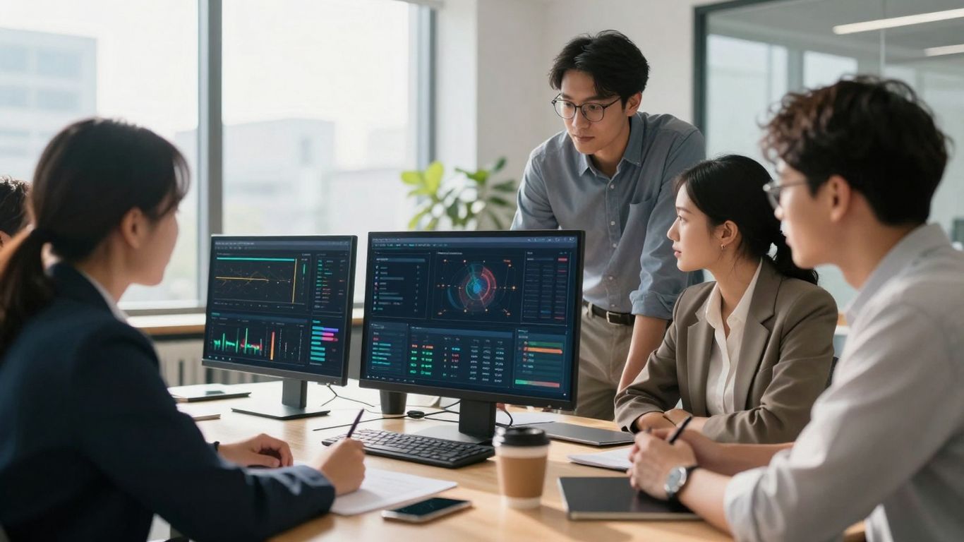 Team working on CSRD reporting with digital data interfaces.