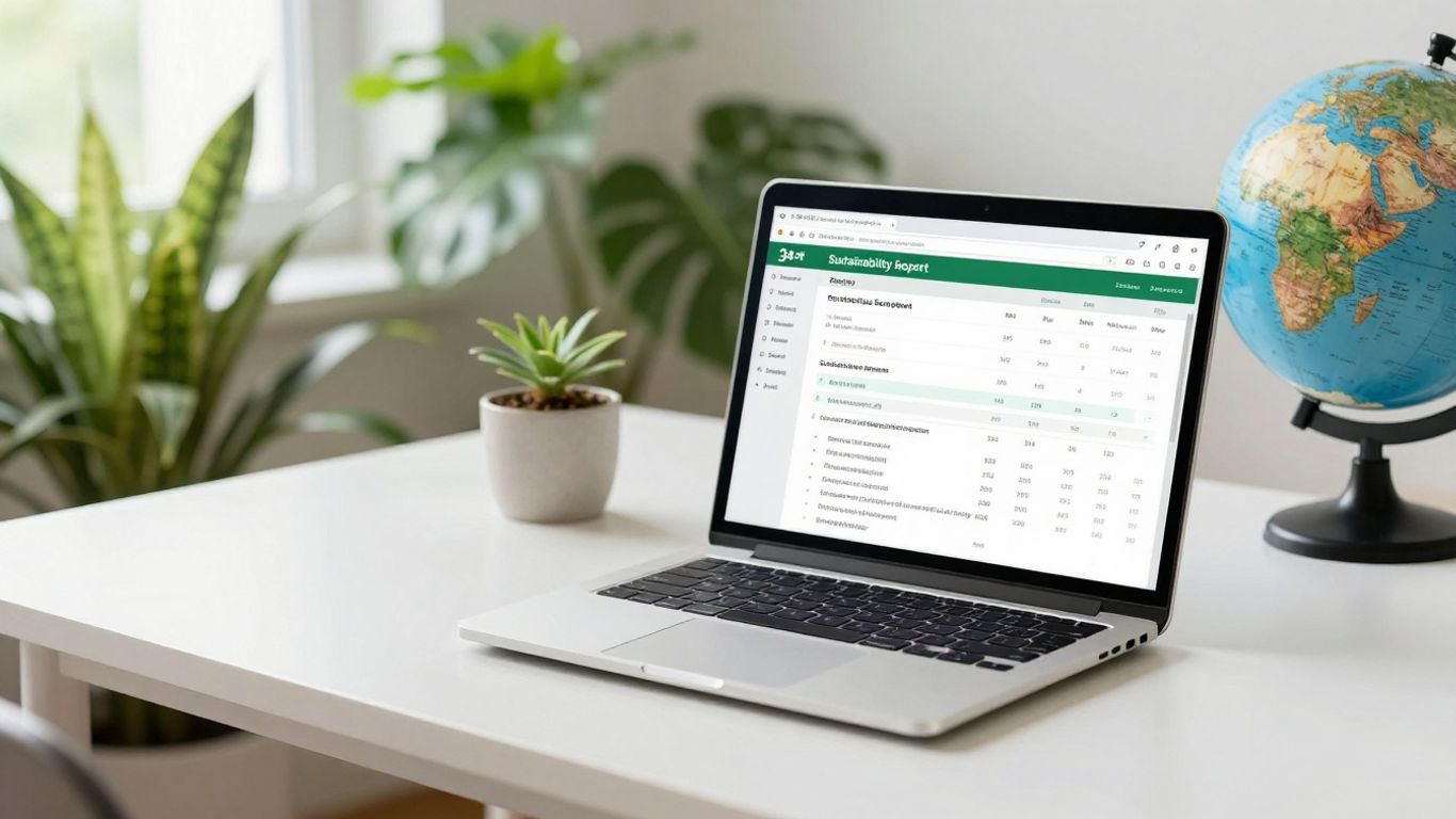 Sustainability report template on a laptop.